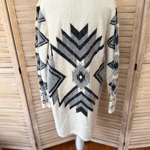 Venario Women's Monika Taupe Aztec Print Long Cardigan in cream, black and gray